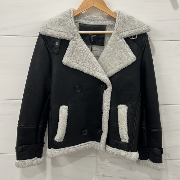 Muubaa London | NWT Black Leather Finish Button Front Shearling Jacket - Sz UK12 - Picture 3 of 12